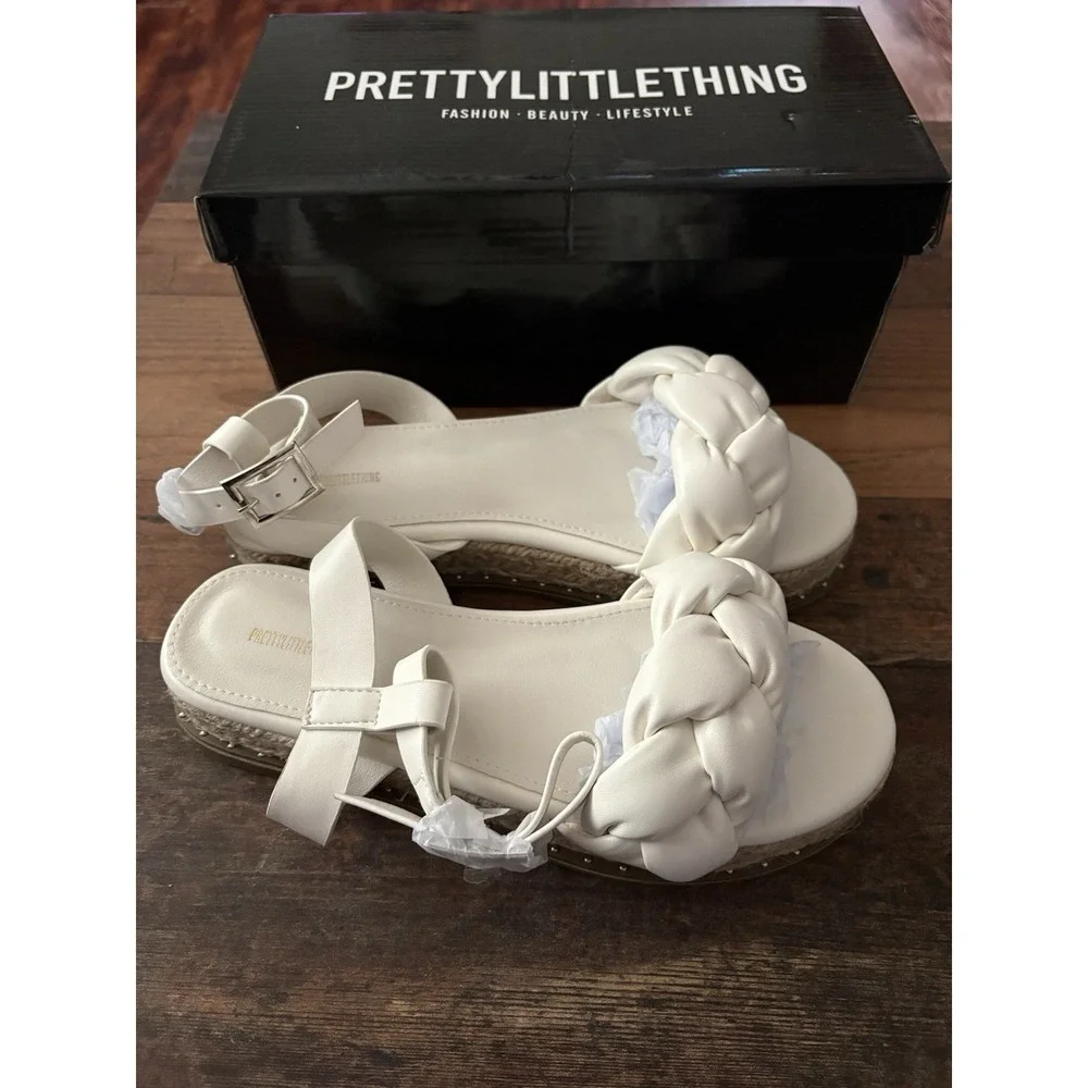 PrettyLittleThing White PU Plait Detail Strappy Espadrille Sandals‎ Size 6 NEW
